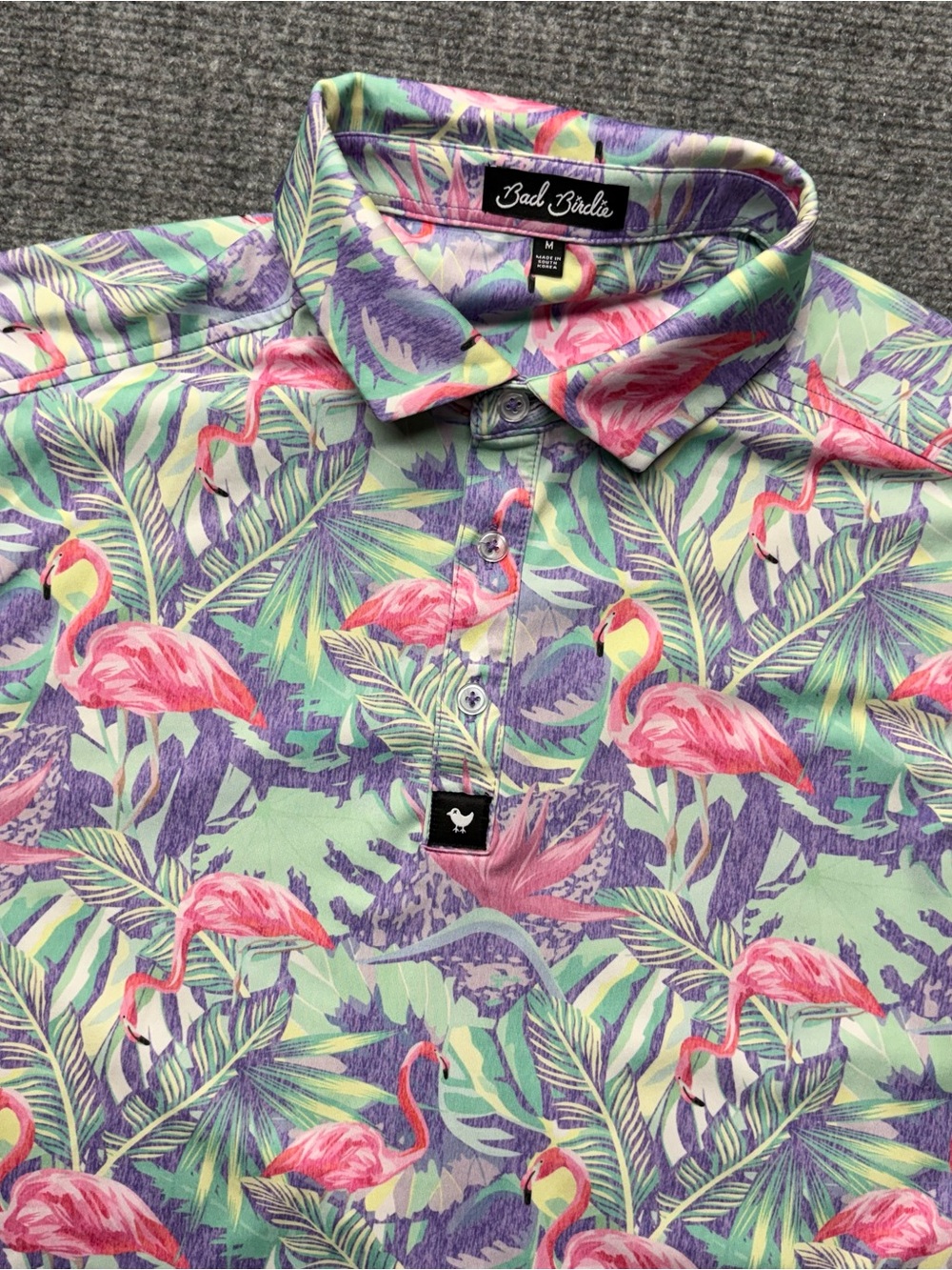 Bad Birdie Golf Polo Mens Medium Pink Tropical Flamingo Floral Print Performance